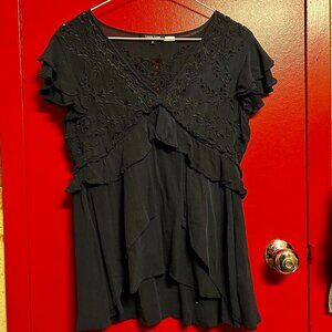Love Sam - Embroidered V-neck Ruffled Empire Short Sleeve Top.